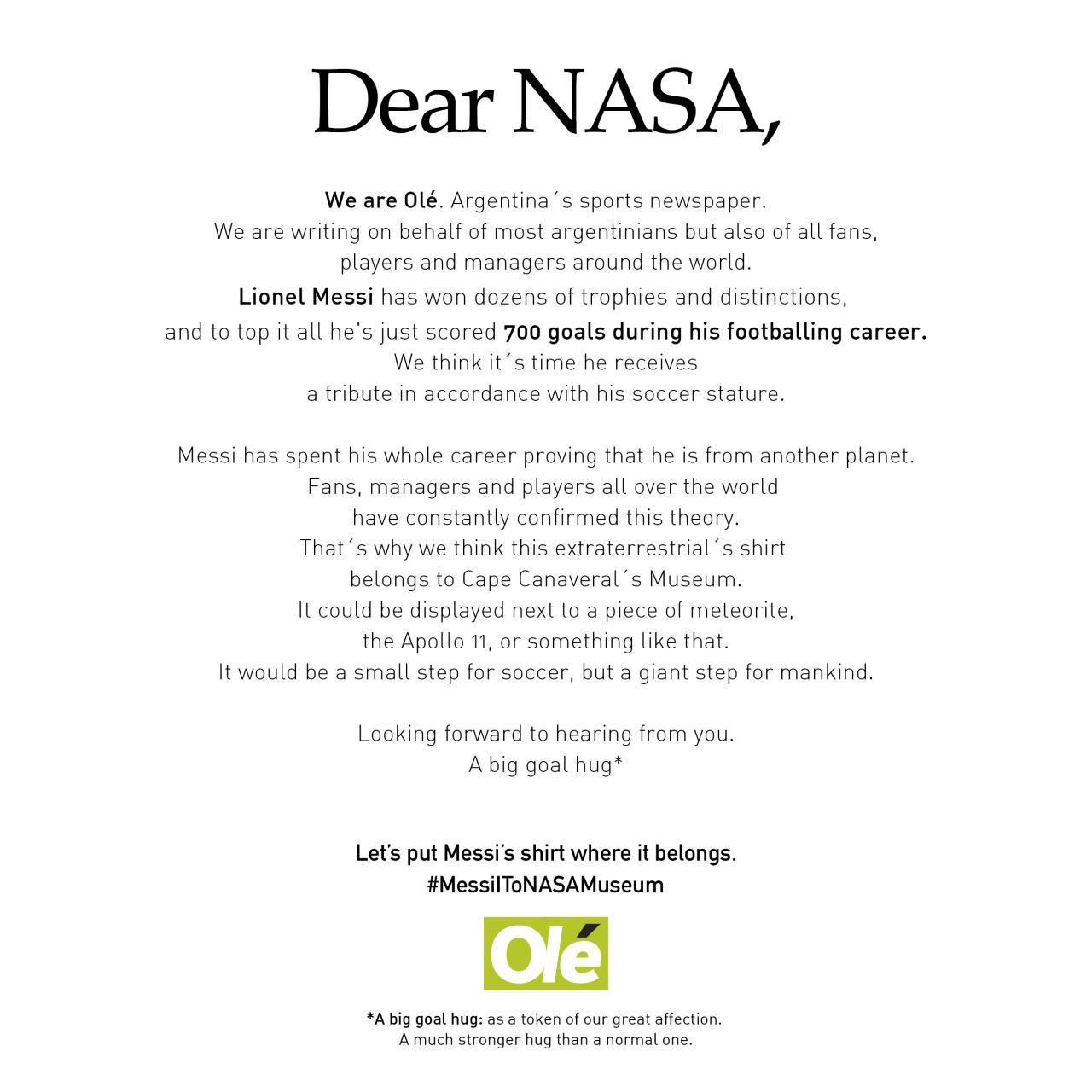 نامه اوله آرژانتین به ناسا